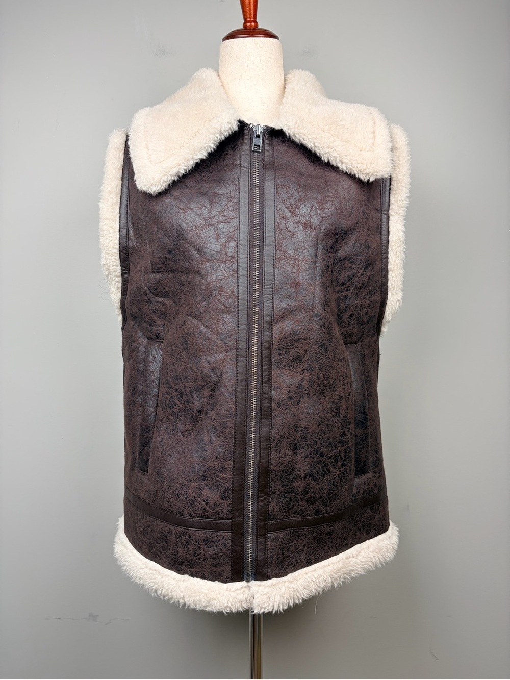 Offline by Aerie Sherpa Lined Faux Leather Vest Brown Moto Size S NWT